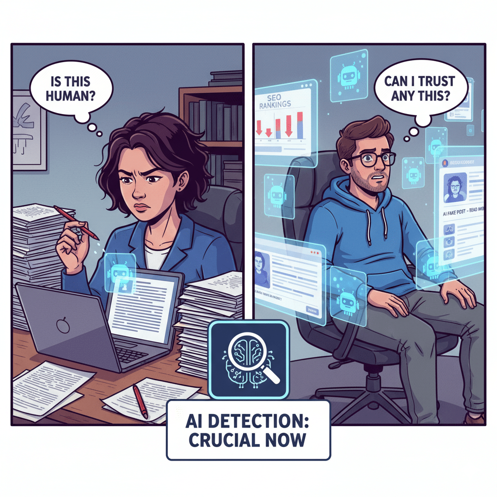 Split-screen illustration: on the left, a teacher grading an essay worried about AI text; on the right, a blogger reviewing SEO rankings and social media feeds with fake AI posts spreading; central theme = AI detection necessity.