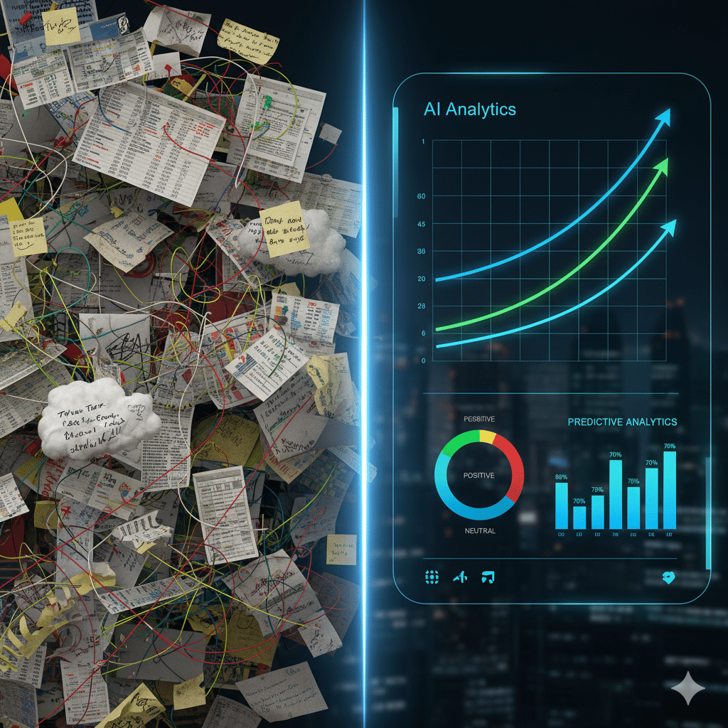 Side-by-side contrast: left panel shows chaotic messy data (spreadsheets, sticky notes, text clouds), right panel shows a clean AI dashboard with clear trend lines, sentiment charts, and predictive analytics; futuristic style.