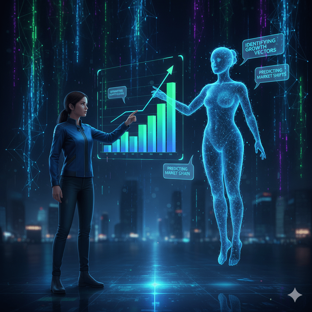 Illustration of a human and an AI hologram working together: human points to a chart while AI generates text insights in speech bubbles; futuristic data streams and glowing neural networks in the background.