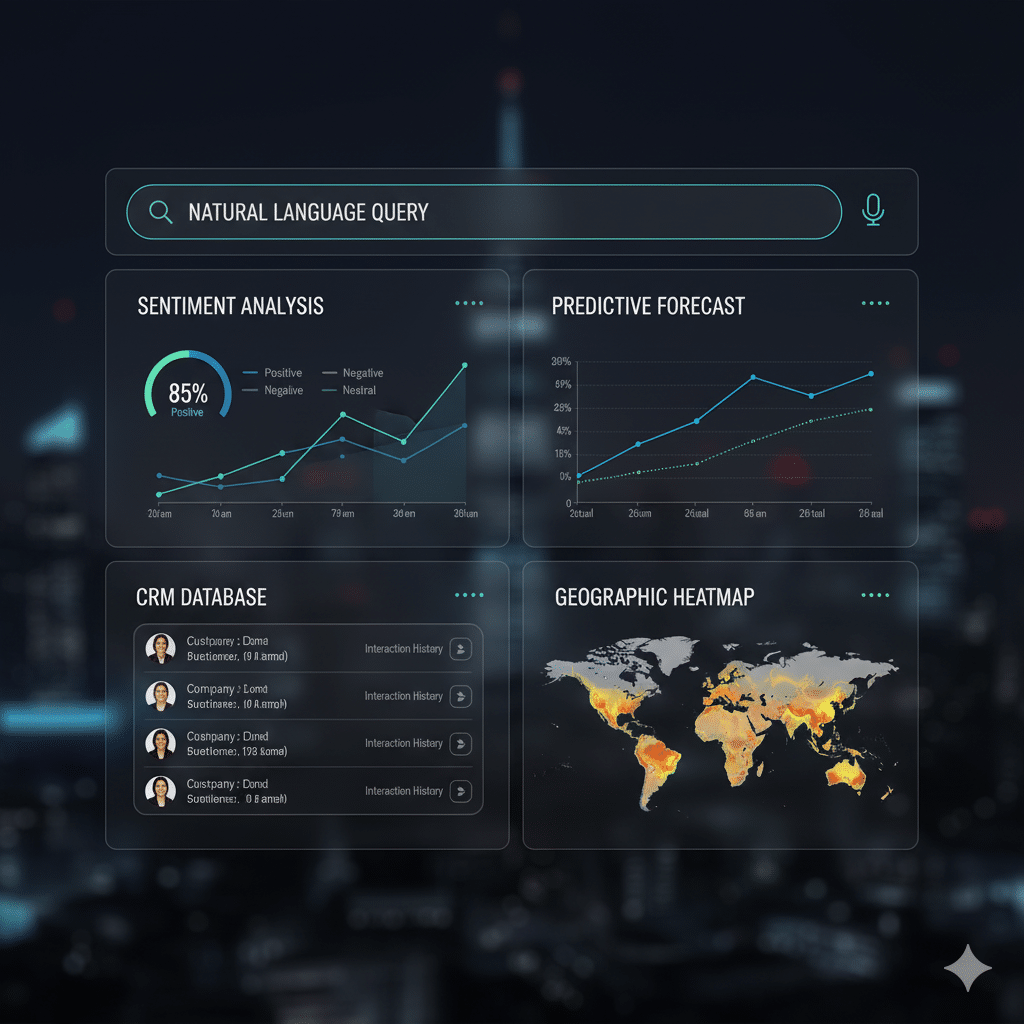 A sleek dashboard interface with multiple modules: natural language query search bar, sentiment graph, predictive forecast chart, CRM database integration, heatmap visualization; clean modern UI design.