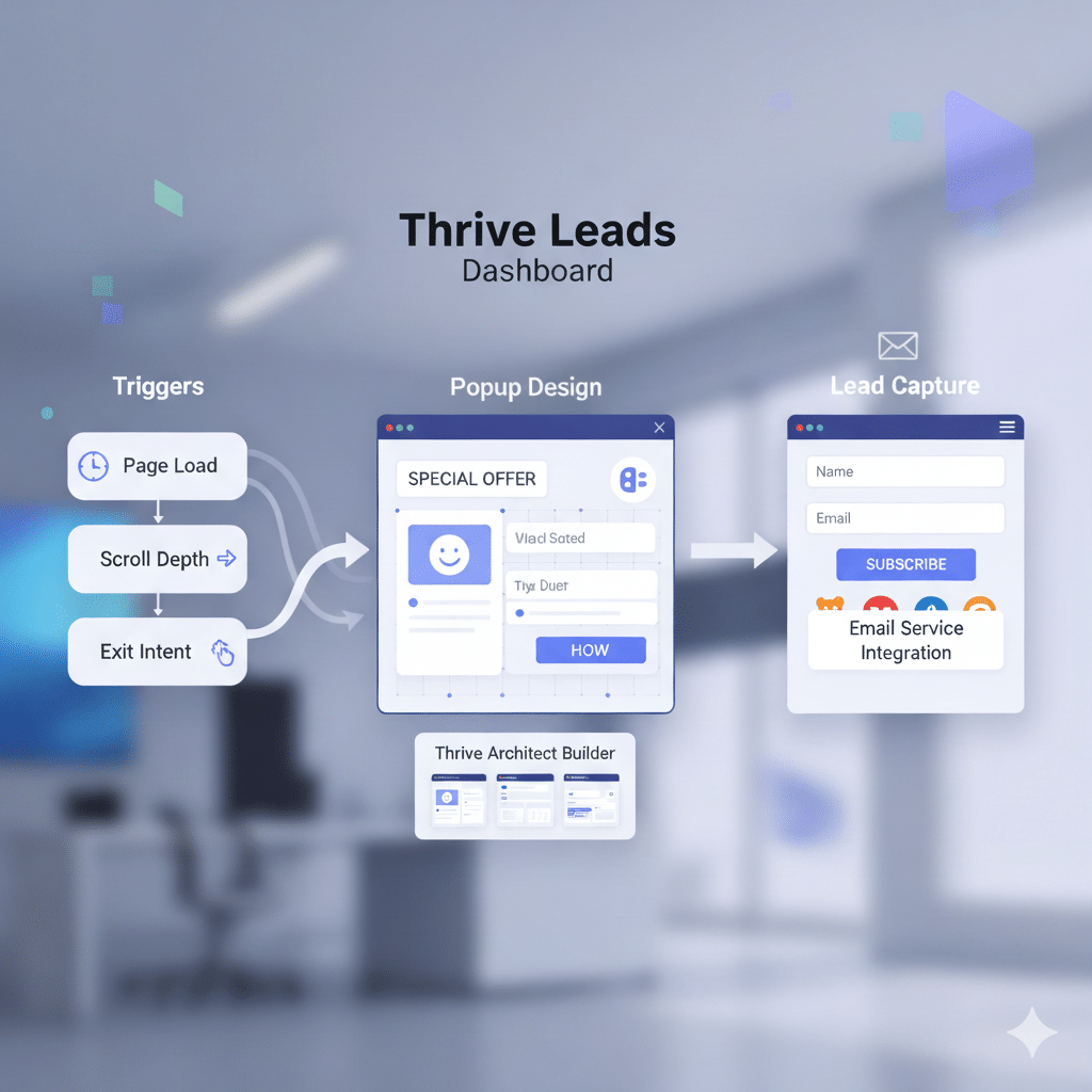 An illustrated UI flow showing Thrive Leads + Thrive Architect integration; arrows connecting “Triggers,” “Popup Design,” and “Lead Capture”; sleek dashboard visuals with drag-and-drop elements.