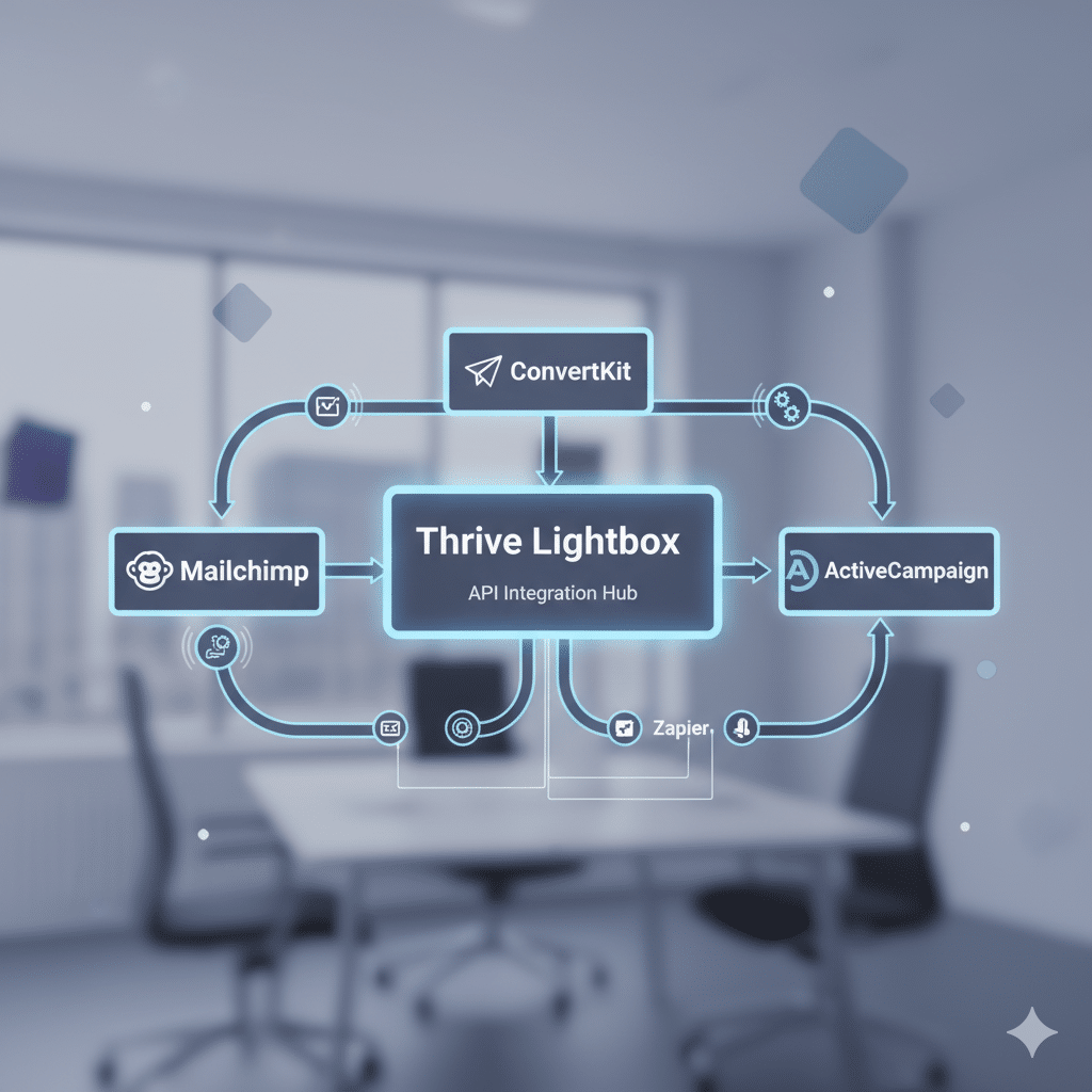 A network of marketing tools (Mailchimp, ConvertKit, ActiveCampaign) connecting to a Thrive Lightbox center; icons linked with data flow lines; automation gears symbolizing API connections