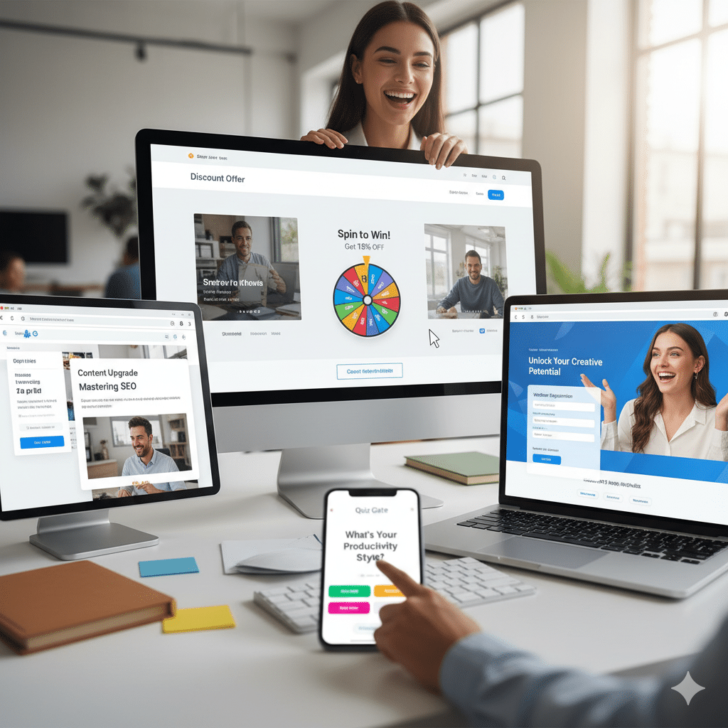 Montage of popups on various websites: discount offer, blog content upgrade, webinar registration, and quiz gate; happy users interacting with lightboxes on screens.