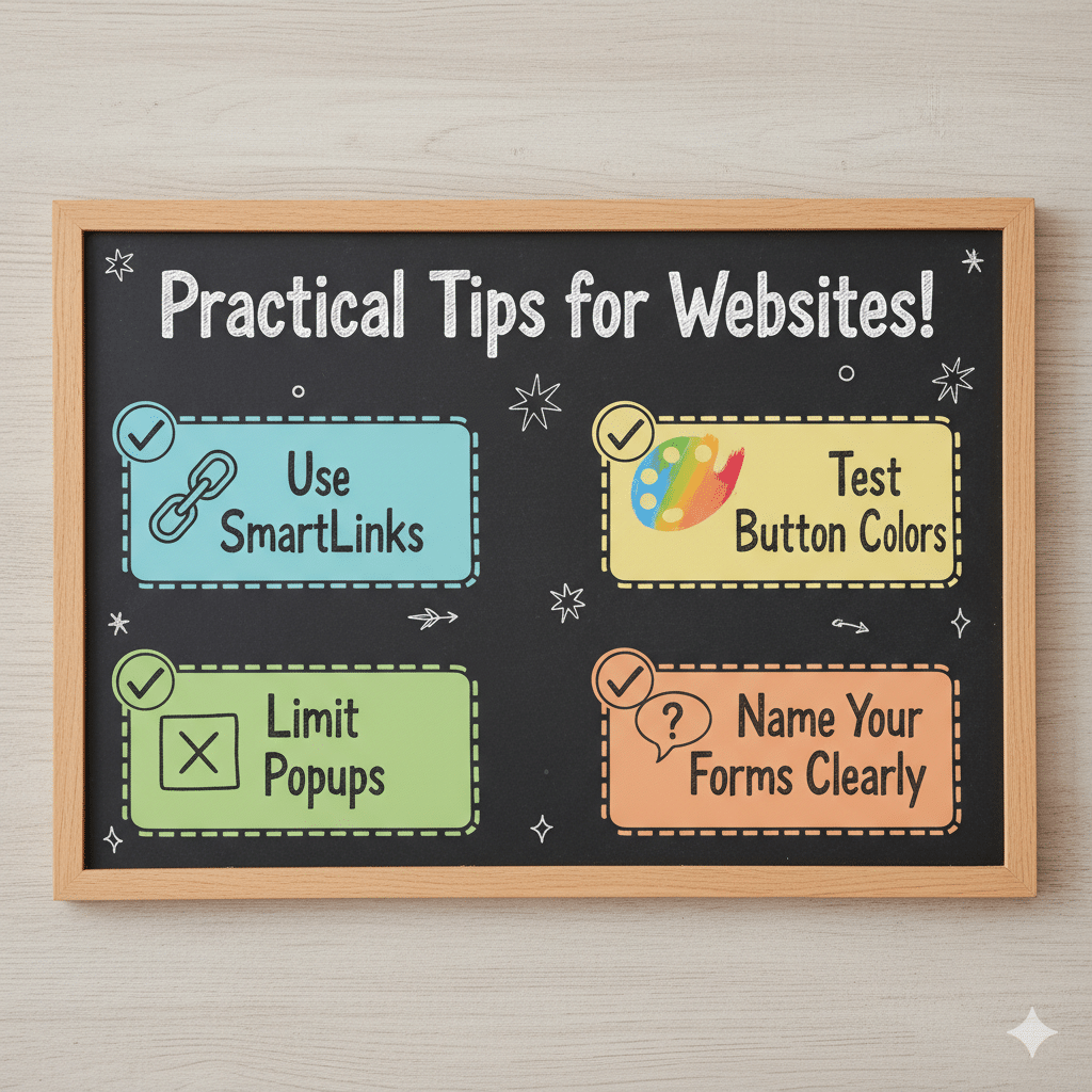 checklist board showing practical tips: “Use SmartLinks,” “Limit Popups,” “Test Button Colors,” “Name Your Forms Clearly A checklist board showing practical tips: “Use SmartLinks,” “Limit Popups,” “Test Button Colors,” “Name Your Forms Clearly”; fun, handwritten infographic look with playful icons.