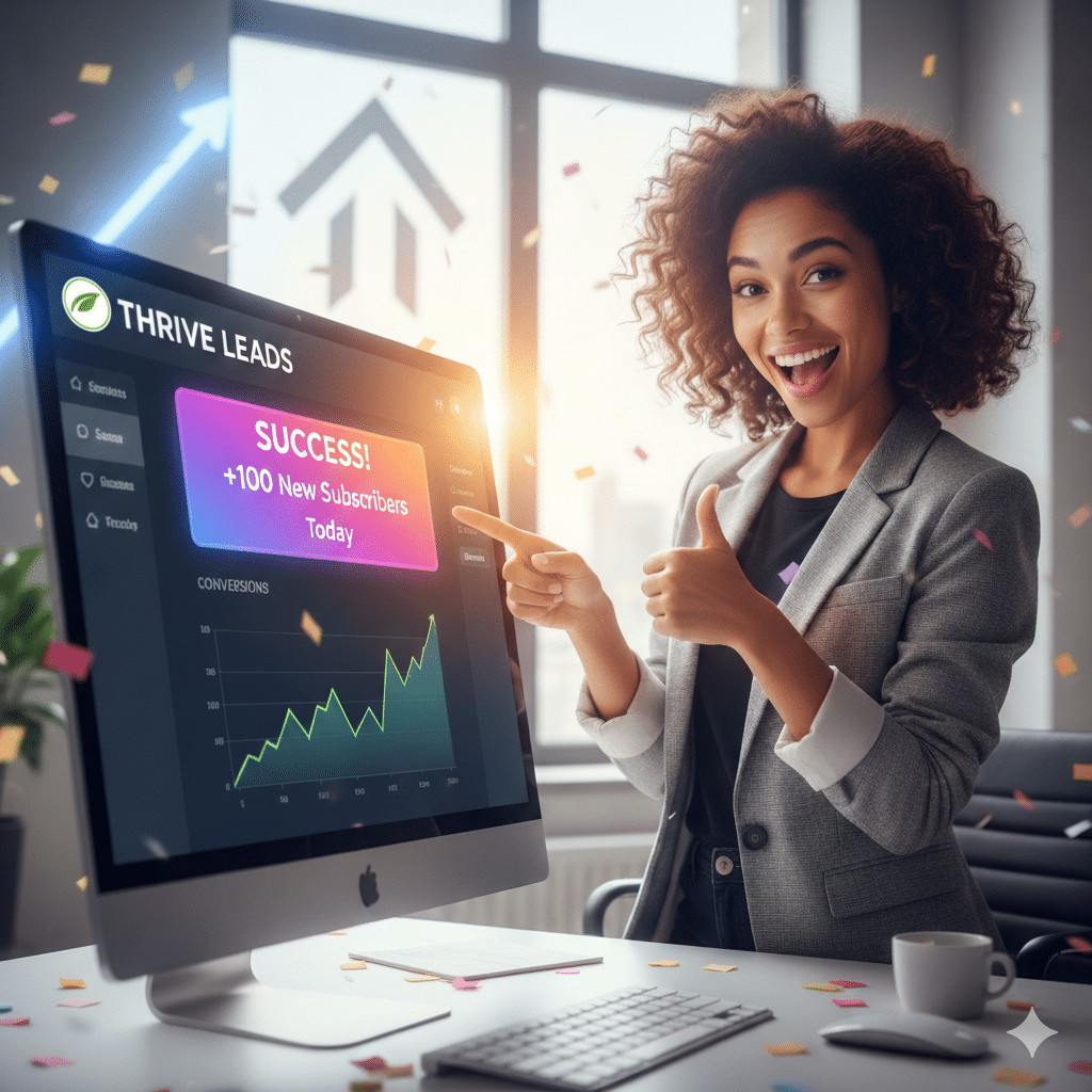 confident marketer celebrating new email subscribers with a “+100 Leads Today” notification A confident marketer celebrating new email subscribers with a “+100 Leads Today” notification; glowing Thrive Leads dashboard behind them; upward conversion graph in the background; energetic, motivational finish.