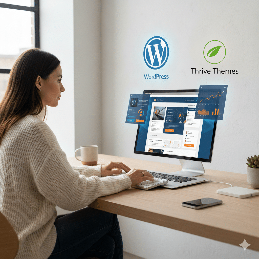 Modern digital marketer at desk designing a high-converting landing page on a laptop; WordPress and Thrive Themes logos in background; glowing UI with conversion charts and design elements; clean modern web design aesthetic, bright lighting, minimalist workspace.