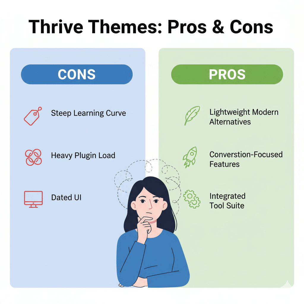 Infographic showing pros and cons of Thrive Themes — price tag icon, steep learning curve, heavy plugin load, dated UI vs. lightweight modern alternatives; balanced blue-green color scheme with “thinking marketer” illustration.